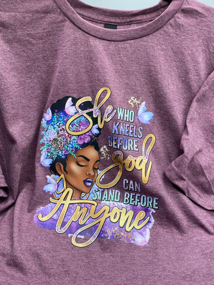 She Who Kneels Before God Can Stand Before Anyone T-Shirt_Plum