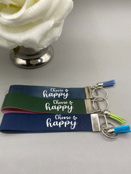 Choose Happy_Faux Leather Key Fob Keychain Wristlet