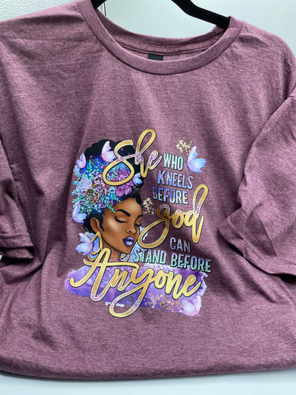 She Who Kneels Before God Can Stand Before Anyone T-Shirt_Plum
